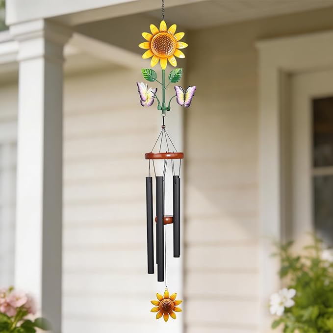 Sunflower Wind Chimes with Spinning Butterflies for Outside Hanging Garden Decor, Black Aluminum Tubes, Floral Wind Chimes for Yard, Porch, Patio, or Balcony for Women Mom Grandmom