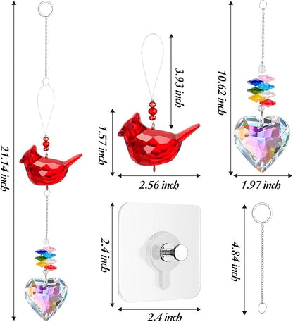 Red Cardinal Bird Window Sun Catcher – Valentines Day Handmade Bird Lover Window Hanging Décor with Suction Cups for Home & Garden - Memorial Cardinal Gifts for Women, Mom,Grandma (C)