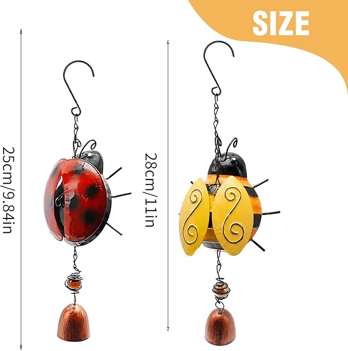 VIKKSAER 2pcs Metal Ladybug Wind Chime and Bees Wind Bell, Small Hanging Rustic Home Ornament for Indoor Outdoor Garden Yard Patio Hanging Decor