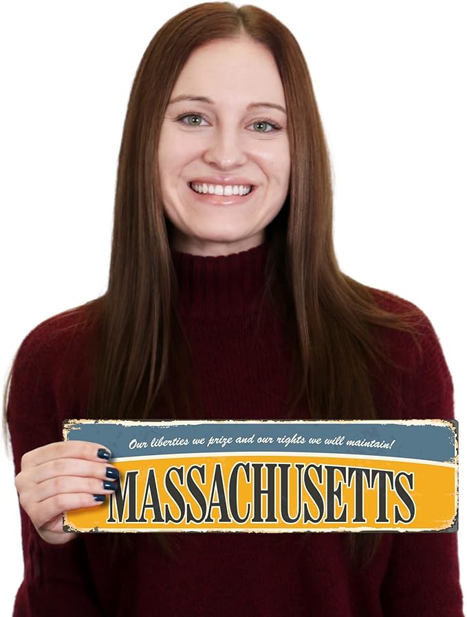 SmartSign 4 x 14 inch Massachusetts State Vintage Metal Sign “Liberties We Prize”, 40 mil Rustproof Aluminum with Clear Overcoat, Retro Wall Décor, Multicolor, Made in USA