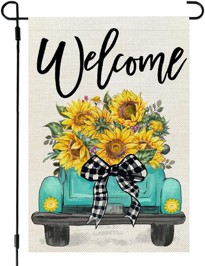 CROWNED BEAUTY Summer Garden Flag Sunflowers Truck 12x18 Inch Double Sided Small Burlap Welcome Holiday Seasonal Flag for Outside Yard Decoration