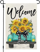 CROWNED BEAUTY Summer Garden Flag Sunflowers Truck 12x18 Inch Double Sided Small Burlap Welcome Holiday Seasonal Flag for Outside Yard Decoration