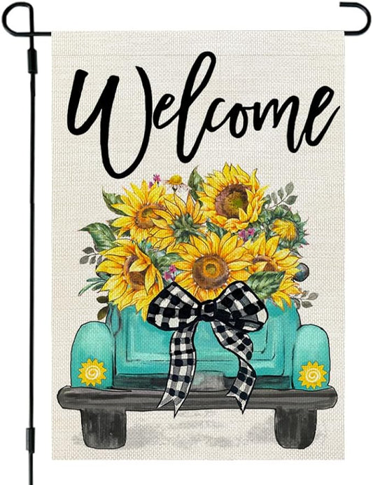 CROWNED BEAUTY Summer Garden Flag Sunflowers Truck 12x18 Inch Double Sided Small Burlap Welcome Holiday Seasonal Flag for Outside Yard Decoration