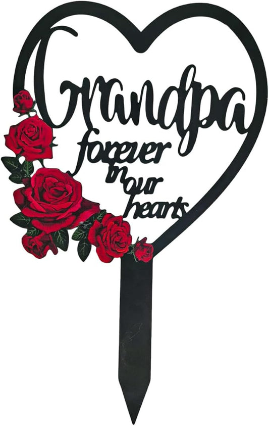 AIM & GGKK Memorial Stake for Grandpa - Metal Heart Grave Marker with Red Roses, Memorial Plaque Cemetery Decor for Grave, Garden, Gravesite
