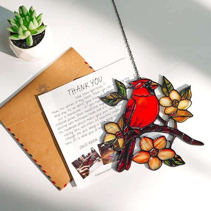Cardinal Handmade Resin Suncatchers, Artisan Boho Sun Catcher Stained Glass Effect Memorial Window Hanging Garden Decor, Gift for Mother's Day Mom Grandma Wife Women
