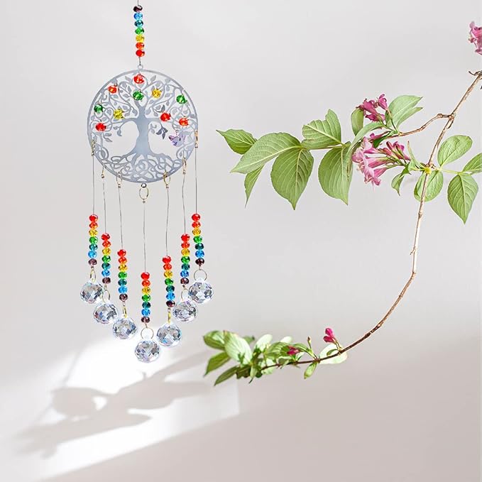 Hanging Crystal Suncatcher Rainbow Window Prism Chakra Tree of Life 7 Prism Ball Suncatcher Rainbow Maker Handmade Glass-gem Binding Gifts for Girl, Mom and Daughters, Grandma by KEINIA