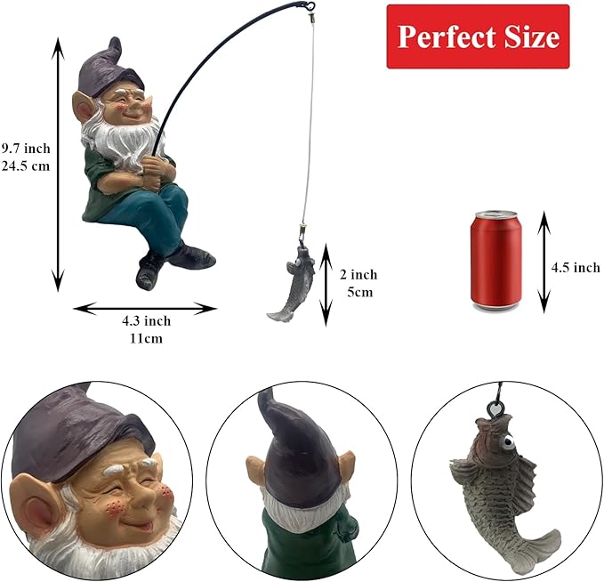 Fishing Gnome Outdoor Statue Garden Decor, Garden Gnomes Decoration for Yard, 9.7” Fishing Gnomes Statue Outdoor Garden Decor, Fishing Guy for Waterfalls or Koi Pond Decor, Gifts for Women