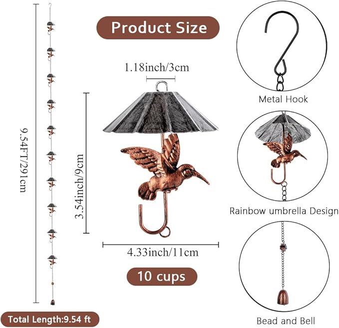 9.54 FT Rain Chain, Umbrella-Shaped Rain Chain for Outside with 10 Cups & Hummingbird Decor, Adjustable Rain Catcher Chain for Gutters, Eaves, Drainage, Replacement for Downpout