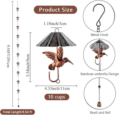 9.54 FT Rain Chain, Umbrella-Shaped Rain Chain for Outside with 10 Cups & Hummingbird Decor, Adjustable Rain Catcher Chain for Gutters, Eaves, Drainage, Replacement for Downpout