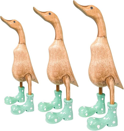 Wooden Crafted Duck Figurine with Spotty Wellies Funny Standing Duck Statues Decorative Resin Rain Boot Animal Sculpture Collectible Crafts Waterproof Garden Lawn Ornament (Green, 5.9Inch)