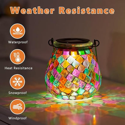 Stargarden Mosaic Solar Lanterns Outdoor Waterproof, Colorful Glass Hanging Lantern Decorative Solar Lights for Yard, Patio, Lawn, Gaden Decor