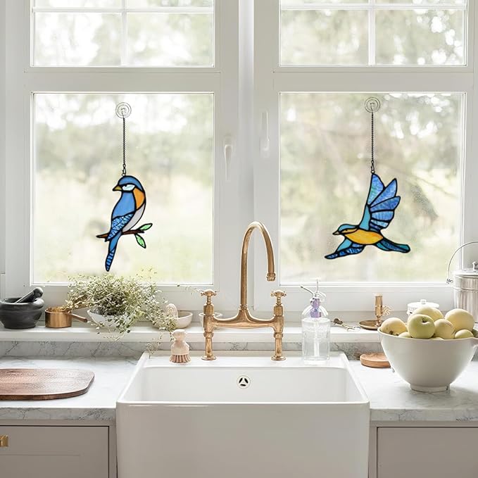 BOXCASA Blue Birds Decor Stained Glass Suncathers for Window,Stained Glass Bird Window Hanging,Birds Gifts for Bird Lovers,Birthday Gift for Women Mom Grandma