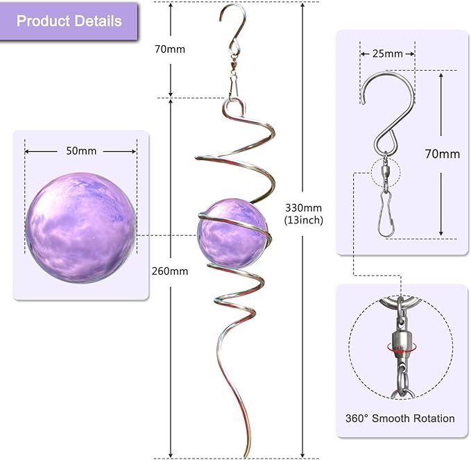 Gazing Ball Spiral Tail with Purple Glass Orb, Wind Spinners Stabilizer, Stainless Steel Wind Spinner Tail, Outdoor Décor, Hanging Garden Sculptures Decoration Ornament 13inch Height