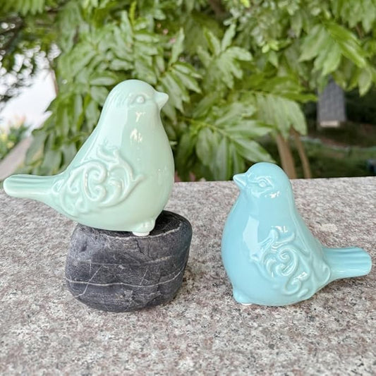 2PCS Ceramic Bird Figurines Decorative Bird Ornaments Statue for Home Garden Decor (1Blue,1Green)