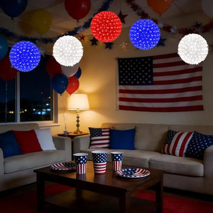 3PK 8In Patriotic Light Ball, 200LED Red White Blue Sphere Lights,Twinkle Hanging Globe Lights for 4th of July, Memorial Day, Independence Day & Veteran Day, Red White Blue Decor for Outdoor Home