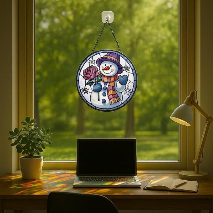 Stained Glass Window Hanging - Smiling Snowman with Rose,11.8in Sun Catchers Panel for Indoor Decorative Display for Mom， Wife， Lovers， Festive
