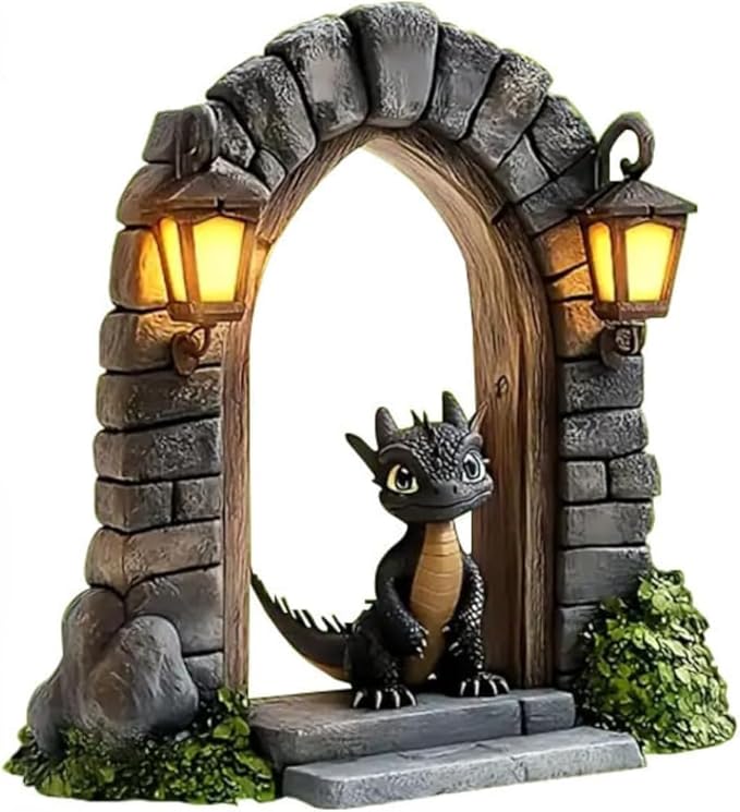 Dragon Garden Statue with LED Lanterns, Gothic Stone Archway, Dark Grey Resin, 15x12cm, Fantasy Medieval Decor, Illuminated Design for Outdoor Garden Path