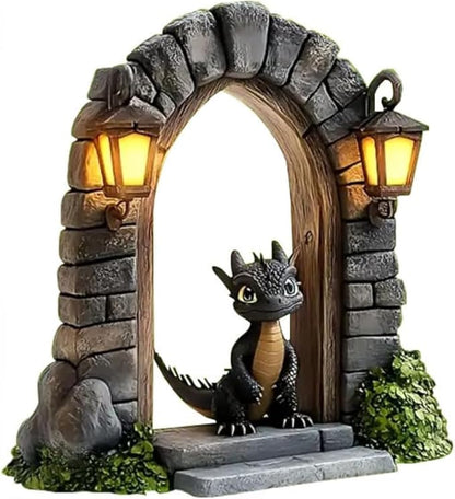 Dragon Garden Statue with LED Lanterns, Gothic Stone Archway, Dark Grey Resin, 15x12cm, Fantasy Medieval Decor, Illuminated Design for Outdoor Garden Path