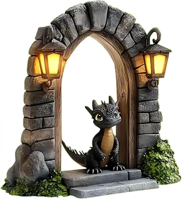 Dragon Garden Statue with LED Lanterns, Gothic Stone Archway, Dark Grey Resin, 15x12cm, Fantasy Medieval Decor, Illuminated Design for Outdoor Garden Path