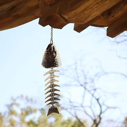 Metal Fishbone Wind Chimes Outdoor Garden Hanging Bell Decoration in Rustic Style Iron Construction 30 cm Size for Patio Yard Balcony