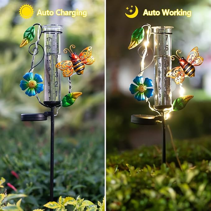 Rain Gauge Outdoor,Decorative Bee Rain Solar Powered Rain Gauges with 7” Glass Tube Water Rain Measure Gauge for Yard Patio Lawn Decor