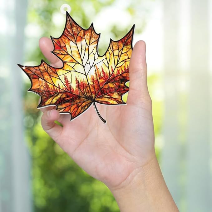 Stained Glass Acrylic Maple Leaf Ornament – Autumn & Christmas Tree Decoration 2026, Fall Harvest Sun Catcher, Nature-Themed Holiday Décor, Maple Leaf Gift for Home & Garden(Sun-14)