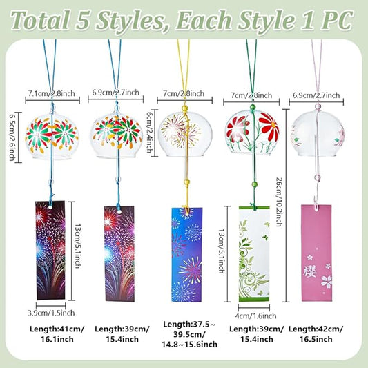 PH PandaHall 5 Styles Glass Wind Chimes Japanese Sakura Wind Chimes Round Clear Bells Outdoor Garden Hanging Ornaments for Patio Wedding Home Christmas Holiday Decoration