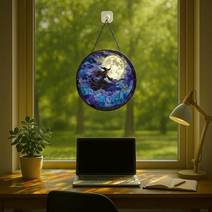 Stained Glass Window Hanging - Halloween 6.3in Flying Witch on Broom with Moon Sun Catchers Indoor Stained Glass Panels Wall Decor for Mom，Wife，Lovers，Festive