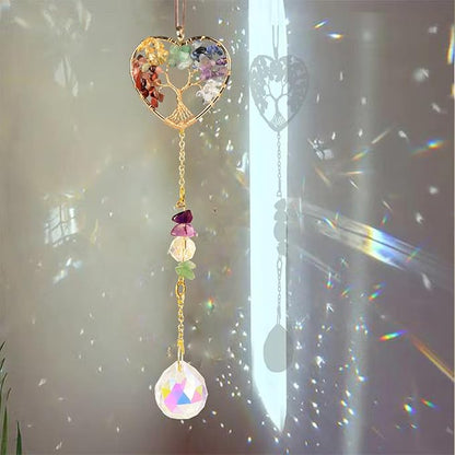 Crystal Sun Catcher, Heart 7 Chakra Tree of Life Crystal Suncatcher Hanging for Indoor Window, Dream Catchers for Car, Spiritual, Rainbow Maker, Christmas Decor