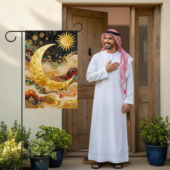 Sun and Moon Garden Flag for Outdoor Decor, Double Sided Seasonal Yard Flag with Golden Celestial Design, 12x18 Inch, Pole Not Included