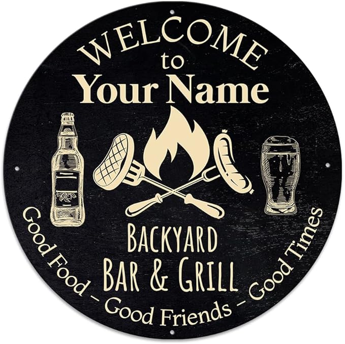 MeMate Outdoor Decor - Personalized Metal Bar and Grill Sign for Patio, Porch, Deck - BBQ Beverage Housewarming Gifts