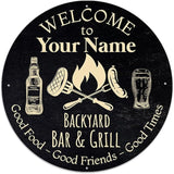 MeMate Outdoor Decor - Personalized Metal Bar and Grill Sign for Patio, Porch, Deck - BBQ Beverage Housewarming Gifts