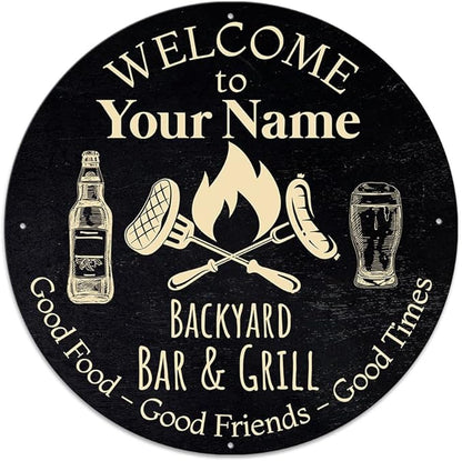 MeMate Outdoor Decor - Personalized Metal Bar and Grill Sign for Patio, Porch, Deck - BBQ Beverage Housewarming Gifts