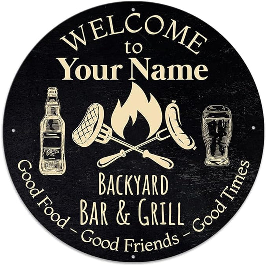 MeMate Outdoor Decor - Personalized Metal Bar and Grill Sign for Patio, Porch, Deck - BBQ Beverage Housewarming Gifts