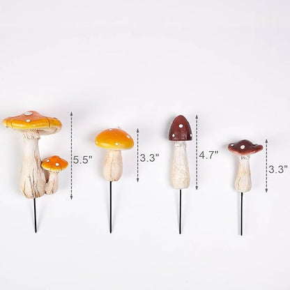Mushroom Decor - Fairy Garden Accessories Outdoor Spring Patio Decoration 4 PCS Mushroom Statues with Stakes (Orange2+Nutshell2)