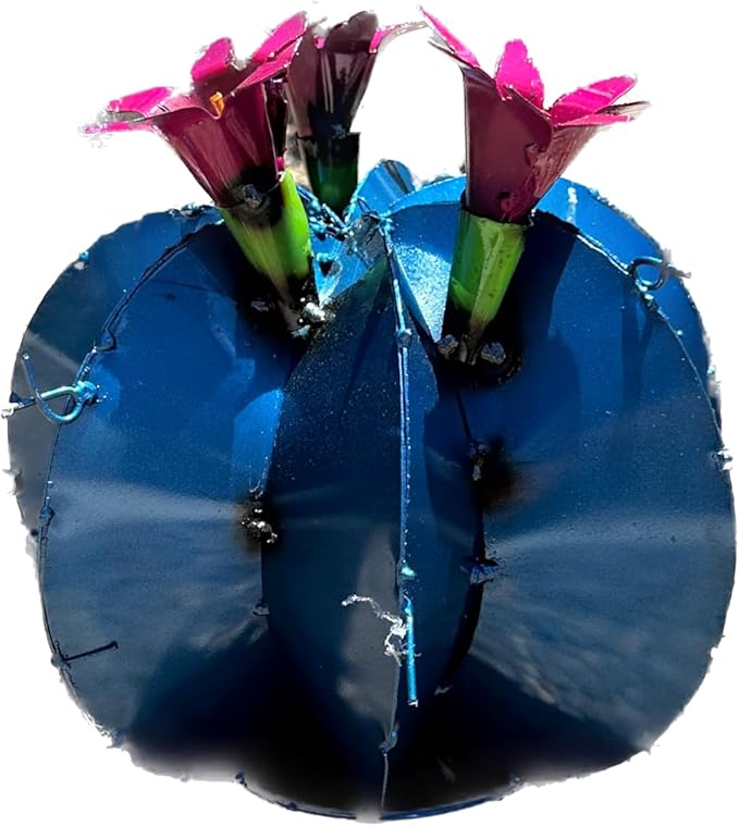 Handmade Metal Bisnaga Cactus with Flowers - Garden Art Decor (Blue)