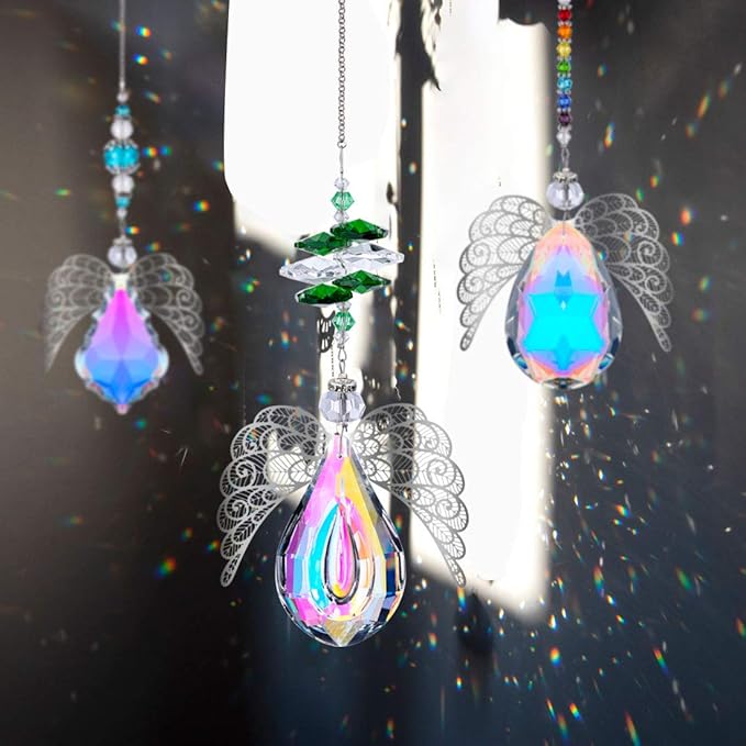 HDCRYSTALGIFTS 14'' Crystal Guardian Angel Suncatcher Rainbow Crystal Prisms Sun Catcher for Home Window Garden Hanging Decor Glass Angel Ornaments for Christmas Tree