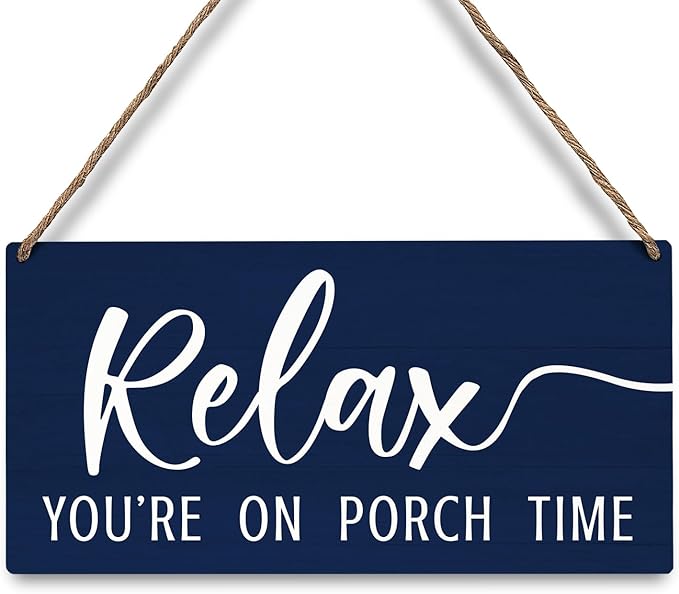 JXREQ Relax Sign, Front Door Sign, Outdoor Porch Wall Decor Wood Hanging Sign for Home Backyard Patio, Relax You're On Porch Time Sign, 12x6 Inch, Navy Blue