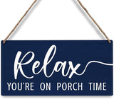 JXREQ Relax Sign, Front Door Sign, Outdoor Porch Wall Decor Wood Hanging Sign for Home Backyard Patio, Relax You're On Porch Time Sign, 12x6 Inch, Navy Blue