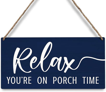 JXREQ Relax Sign, Front Door Sign, Outdoor Porch Wall Decor Wood Hanging Sign for Home Backyard Patio, Relax You're On Porch Time Sign, 12x6 Inch, Navy Blue