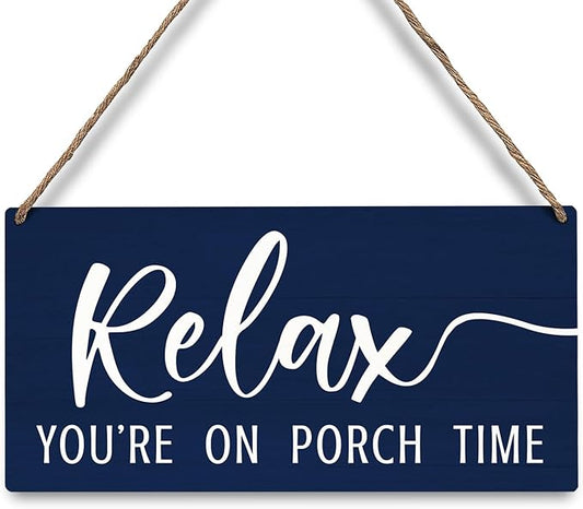 JXREQ Relax Sign, Front Door Sign, Outdoor Porch Wall Decor Wood Hanging Sign for Home Backyard Patio, Relax You're On Porch Time Sign, 12x6 Inch, Navy Blue