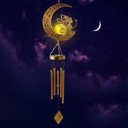 Solar Wind Chimes Moon Fairy Hanging Outdoor Decor Crackle Glass Ball Warm Memorial Wind Chimes Light Patio Lawn Yard Gardening Gift for mom for Grandma Gifts Christmas Decorations