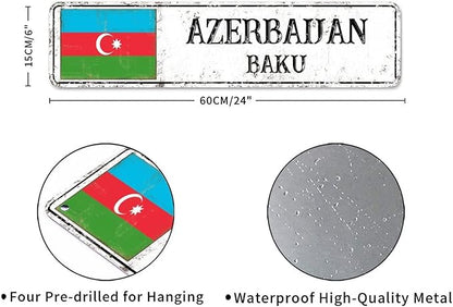 Azerbaijan Street Signs Azerbaijan Flag Metal Sign Capital City of Azerbaijan Metal Sign Road Rustic Wall Art Farmhouse Decorative Sign Home Decoration Gift for Foreign Friend, Neighbor 24x6inch