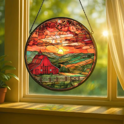 Stained Glass Window Hanging - 6.3in Barn Farmhouse at Sunset Sun Catchers Indoor Stained Glass Panels Wall Decor for Mom，Wife，Lovers，Festive