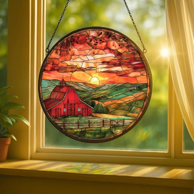 Stained Glass Window Hanging - 7.8in Barn Farmhouse at Sunset Sun Catchers Indoor Stained Glass Panels Wall Decor for Mom，Wife，Lovers，Festive