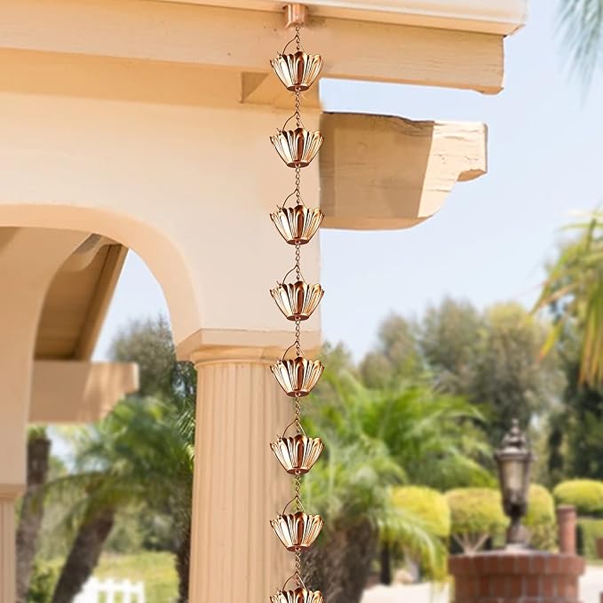 Vindar Rain Chain, 8.5 FT Rain Chain for Gutters - MG4773(Copper Colored) Rain Catcher for Downspout with Adapter, 10 Thick Iron Flower Cups Garden Decorative
