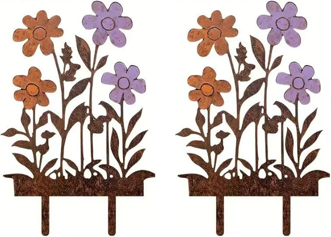 Rusty Metal Wild Flowers Garden Stakes 11.82 x 8.47 inches, Decorative Flowers Yard Stake Metal Art for Outdoor Garden Lawn Decor (Flower-F)