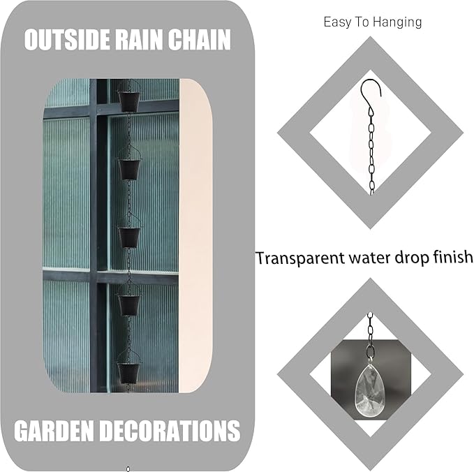 Decorative Rain Chain, 63.8-Inch Black Metal Barrel-Shaped Gutter Chain with Acrylic Diamond Pendant, Downspout Replacement for Garden Drainage