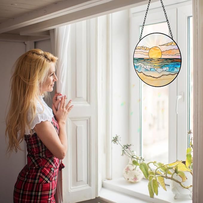 Beach Sunset Suncatcher Stained Glass Window Hanging - 8″ Handmade Ocean Suncatchers for Windows Hanging - Coastal Decor Sun Catchers Diamond Sea Glass Ornaments - Birthday Gifts for Women Mom Lovers