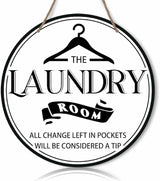 Laundry Room All Change Left In Pockets Will Be Considered A Tip White Round Rustic Wood Sign Plaque Vintage Wall Art Cute Wooden Hanging Sign Decor for Home Farmhouse Bathroom 12 Inch